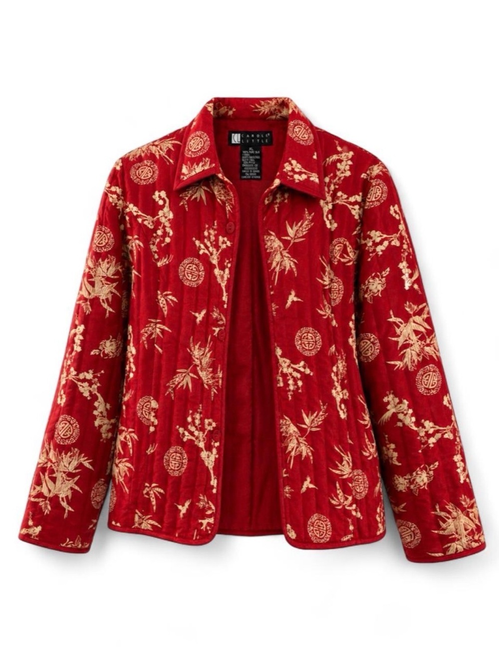 Carole Little red 100% silk jacket gold floral and circular motifs Sz XL GUC